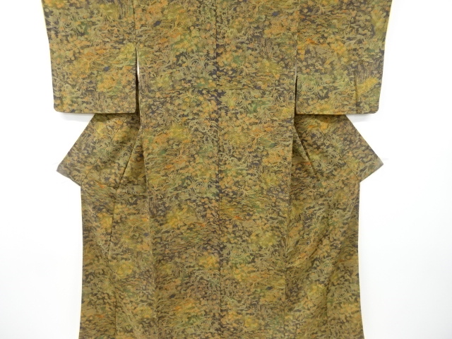 草木染　家屋に花鳥模様小紋着物